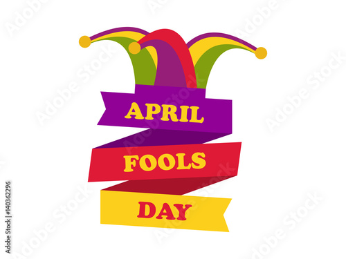 April fools day. Cap with bells. Jester hat with ribbon. Festive banner. Vector illustration