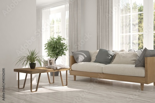 White room with sofa and green landscape in window. Scandinavian interior design. 3D illustration