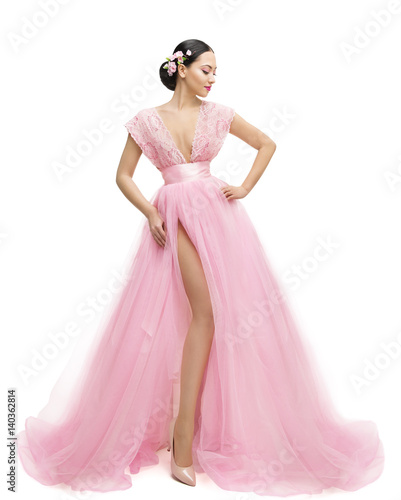 Fashion Model Dress, Woman in Long Pink Clothes, Young Asian Girl Posing over White Background