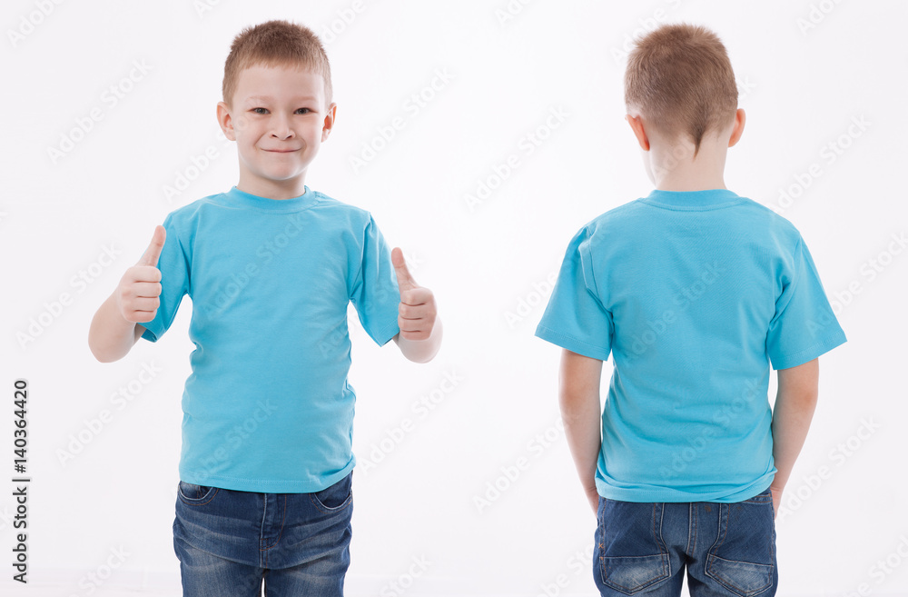 Shirt design and people concept - close up of young man in blank blue tshirt front and rear isolated. Mock up template for design print Shirt design and people concept - close up of young man in blank blue tshirt front and rear isolated. Mock up template for design print