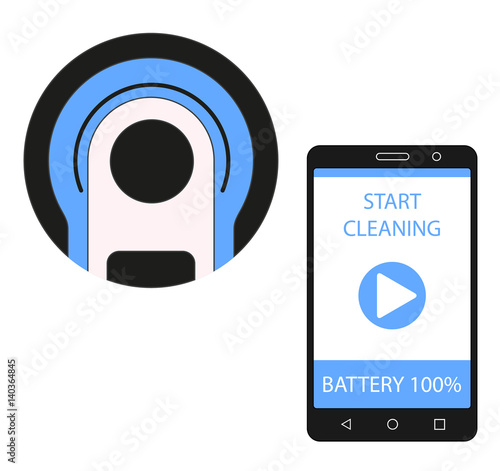 Smartphone app for control of robot vacuum cleaner. Vacuum cleaner remote control. Vector illustration.
