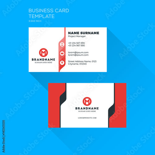 Corporate business card print template. Personal visiting card with company logo. Clean flat stationery design. Vector Illustration