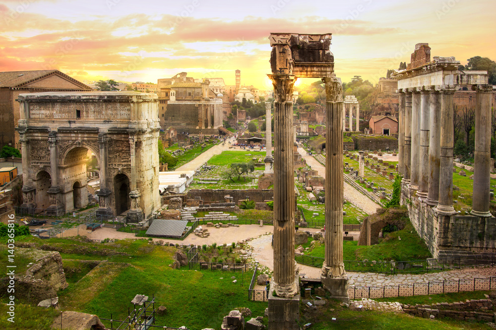 Obraz premium Ruins of Roman's forum at sunset, ancient government buildings started 7th century BC. Rome