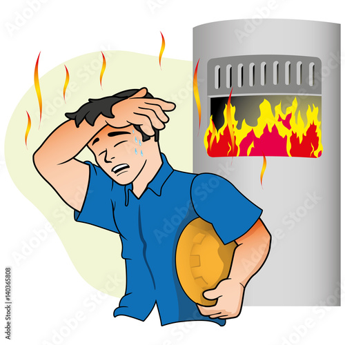 Caucasian male mascot showing symptoms of heat near the oven. Ideal for educational and health and medical information materials