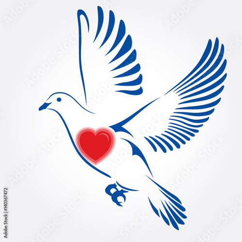 Dove flying with a Red Heart. Heart of love. Vector illustration.