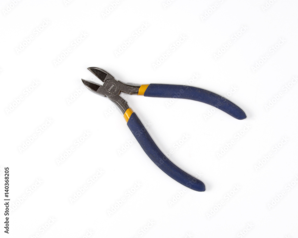 Blue side cutter pliers on a white background Blue side cutter pliers on a white background