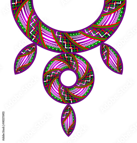 The purple red and green colored ornamental circles and leaves vector illustration. Vector Ethnic boho necklace Embroidery for fashion women. Pixel tribal pattern print.