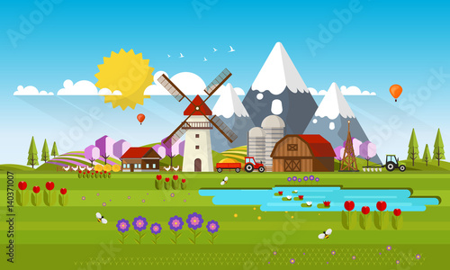 Beautiful Vector Spring Landscape in Flat Design Style