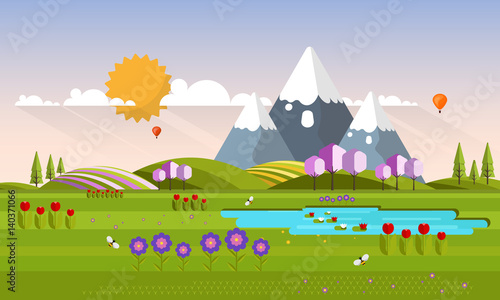 Beautiful Vector Spring Landscape in Flat Design Style