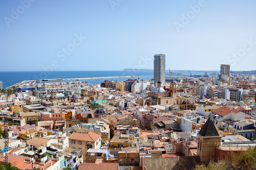 View on Alicante old city and port from castle Santa Barbara, summer Spain