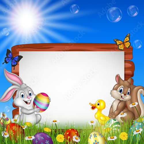 Easter background with small animals and blank sign