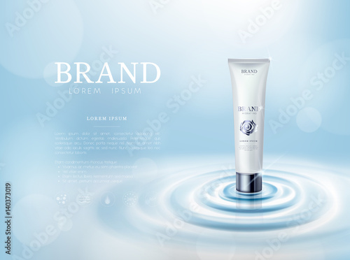 Moisturizing rose/camellia flower cosmetic skin in tube ads template for advertising, cosmetic mockup upon water and isolated.