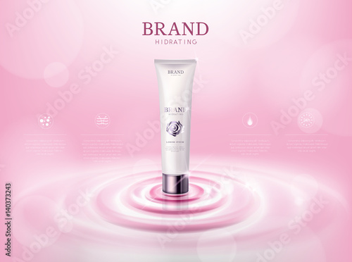 Moisturizing rose/camellia flower cosmetic skin in tube ads template for advertising, cosmetic mockup upon water and isolated.