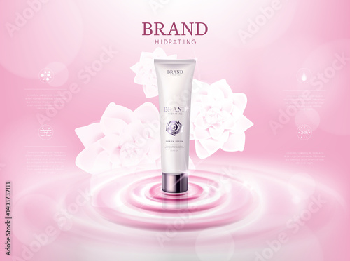 Moisturizing rose/camellia flower cosmetic skin in tube ads template for advertising, cosmetic mockup upon water and isolated.