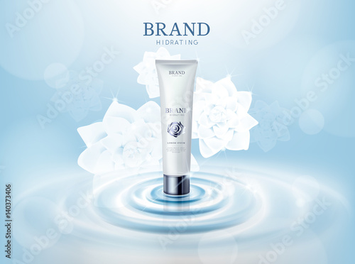 Moisturizing rose/camellia flower cosmetic skin in tube ads template for advertising, cosmetic mockup upon water and isolated.
