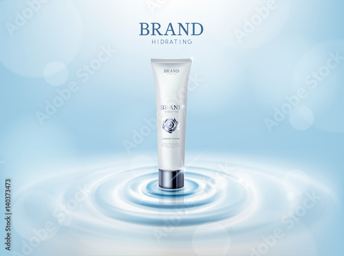 Moisturizing rose/camellia flower cosmetic skin in tube ads template for advertising, cosmetic mockup upon water and isolated.