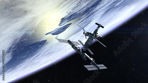 The flight of the International space station over the Earth. Tthe ISS is approaching and flying outside camera. 4K. 3D Animation.