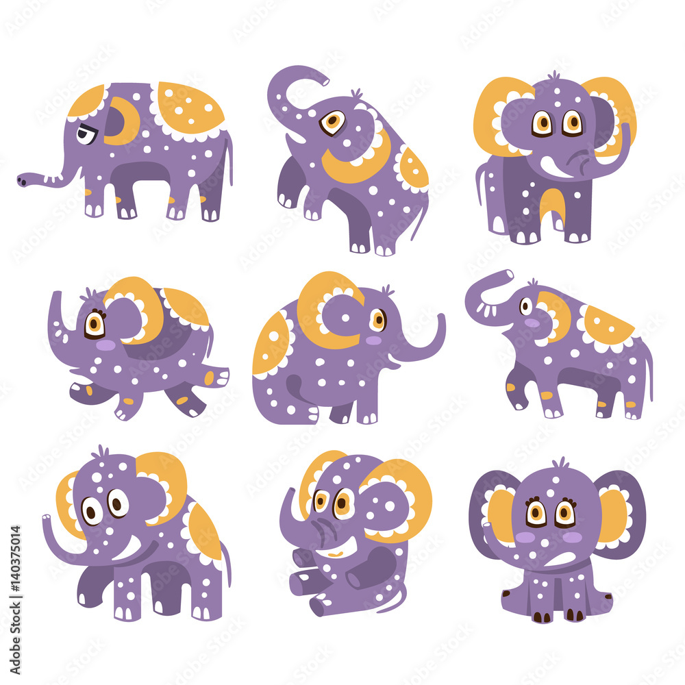 Fototapeta premium Stylized Elephant With Polka-Dotted Pattern Series Of Childish Stickers Or Prints Of Friendly Toy Animal In Violet And Yellow Color