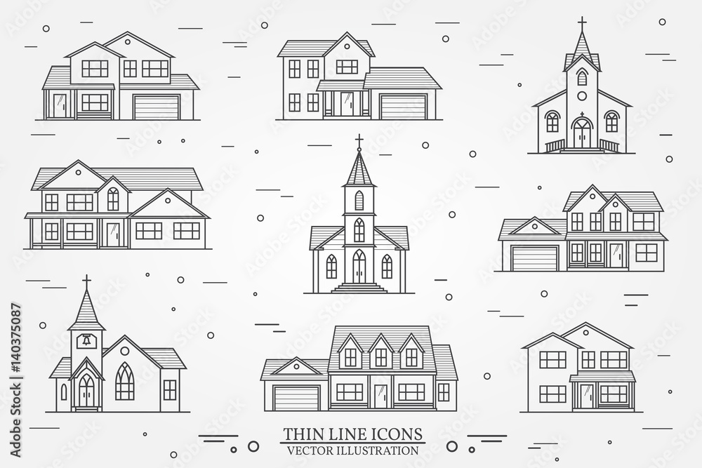 Set of vector thin line icon suburban american houses. For web