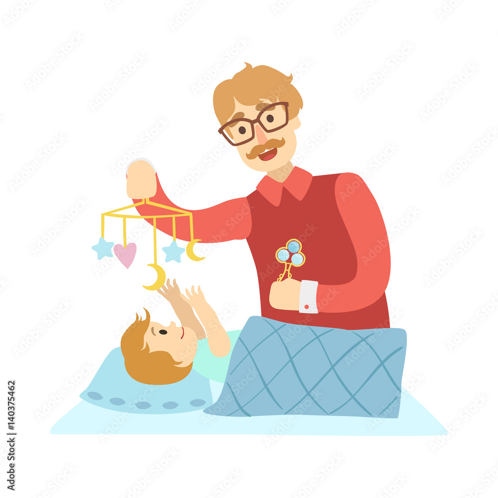 Young Father Putting Baby To Sleep In Bed, Illustration From Happy Loving Families Series Young Father Putting Baby To Sleep In Bed, Illustration From Happy Loving Families Series