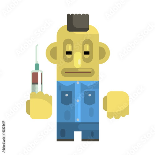 Junkie With Syringe And Mohawk, Revolting Homeless Person, Dreg Of Society, Pixelated Simplified Male Vagabond Character