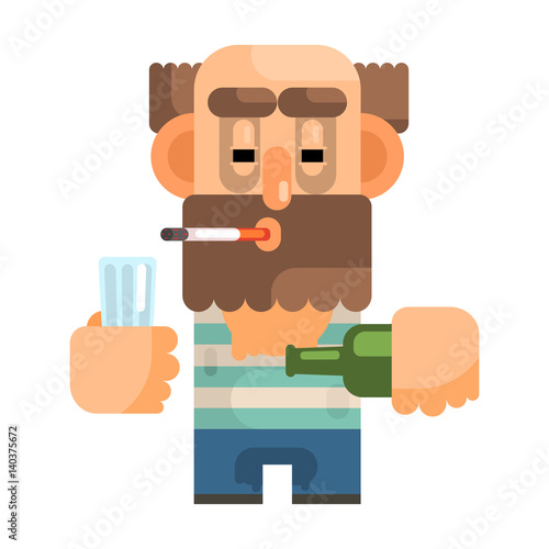 Alcoholic With Glass And Bottle, Revolting Homeless Person, Dreg Of Society, Pixelated Simplified Male Vagabond Character