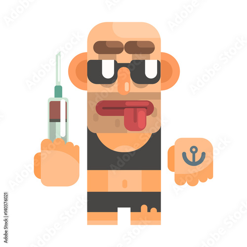 High Junkie With Drug Syringe, Revolting Homeless Person, Dreg Of Society, Pixelated Simplified Male Vagabond Character