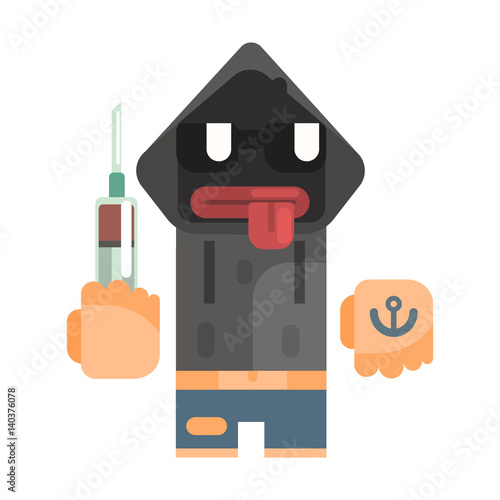 Junkie With Hoodie And Shades Holding Syringe, Revolting Homeless Person, Dreg Of Society, Pixelated Simplified Male Vagabond Character