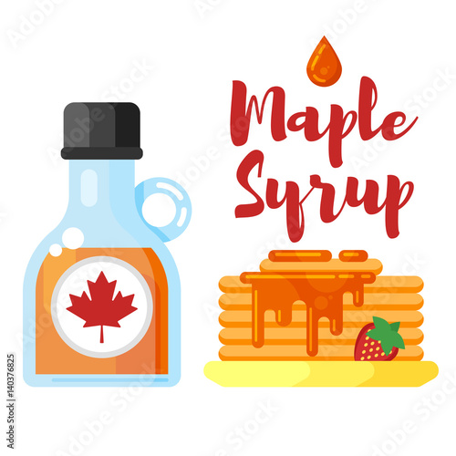 Vector flat style illustration of pancakes with maple syrup. 