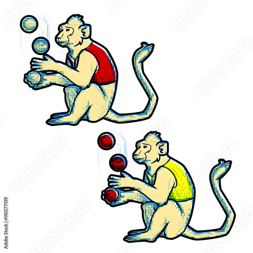 Retro vintage style Circus trained wild animals performance isolated on white. Monkey Juggles