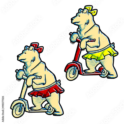 Retro vintage style Circus trained wild animals performance isolated on white. bear on a scooter