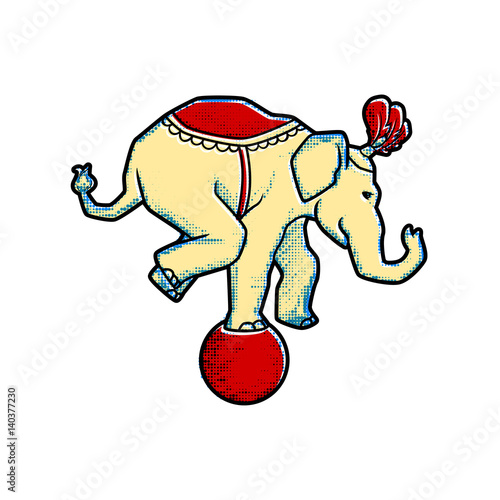 Circus trained wild animals performance isolated on white. Retro vintage style elephant balances on the ball