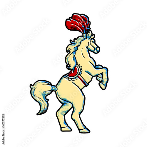 Retro vintage style Circus trained wild animals performance isolated on white. horse stands on hind legs
