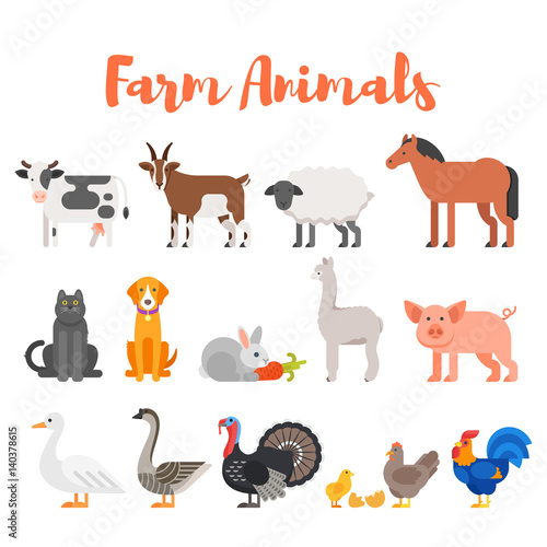 Vector flat style set of farm animals.