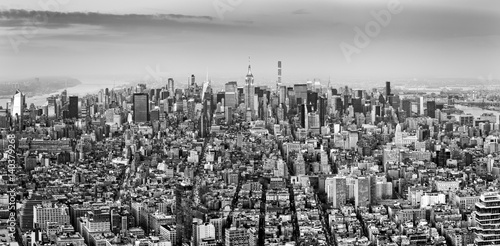 Aerial view of New York City midtown skyline in black and white