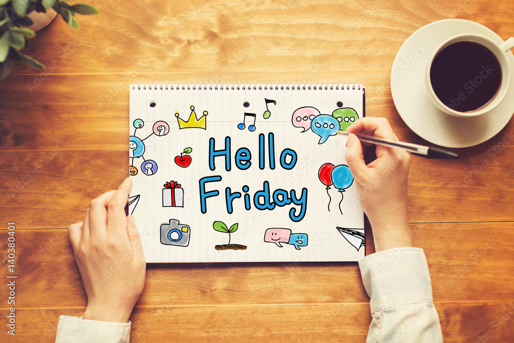 Hello Friday text with a person holding a pen Hello Friday text with a person holding a pen