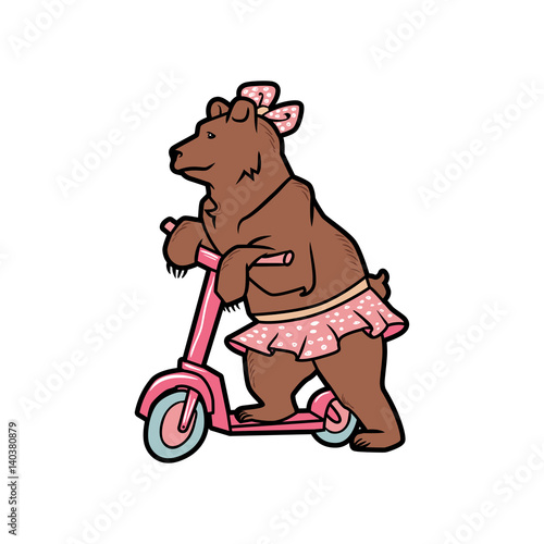 Circus trained wild animals performance isolated on white. bear on a scooter