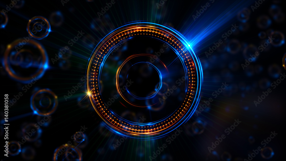 Abstract neon background. Shine swirling. Glowing spiral cover. .Bubbles elegant. Halo around. Power sparks data particle..Space tunnel. Glossy jellyfish. LED color ellipse. Glint glitter beam tech - obrazy, fototapety, plakaty 