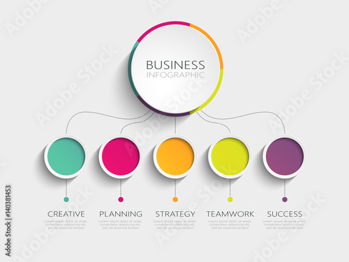 Modern 3D infographic template with 5 steps for success. Business circle template with options for brochure, diagram, workflow, timeline, web design. Vector EPS 10