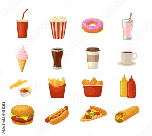 Set fast food icon. Cup cola, hamburger, pizza, burrito