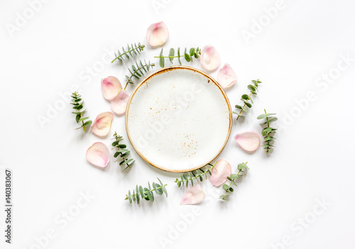 light breakfast with spring pattern on white background top view mock up