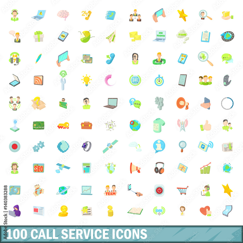 100 call service icons set, cartoon style 100 call service icons set, cartoon style