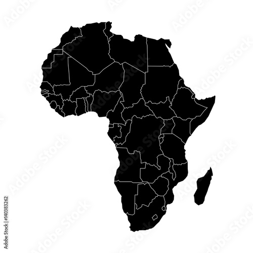 Simple flat black map of Africa continent with national borders isolated on white background. Vector illustration.