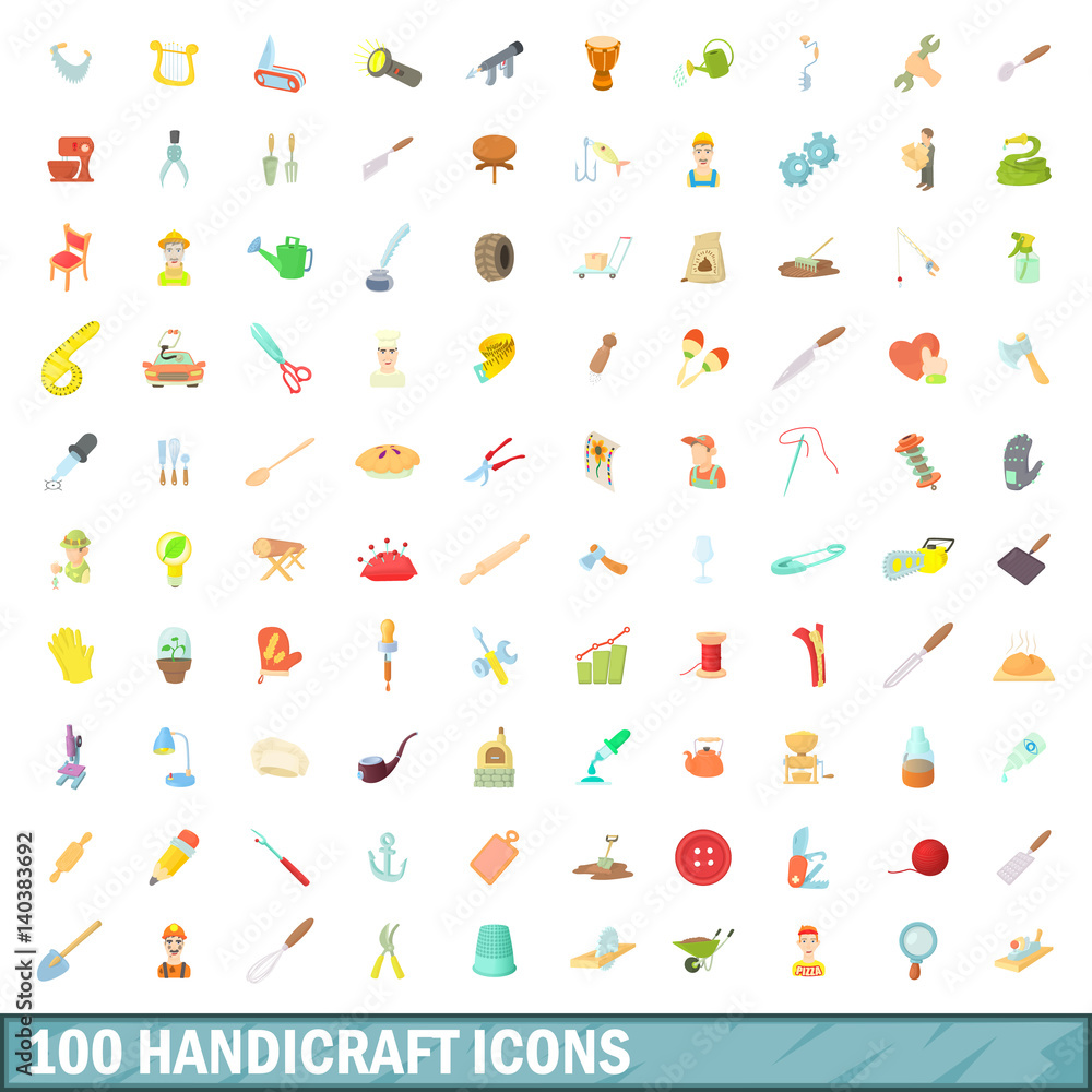 100 handicraft icons set, cartoon style 100 handicraft icons set, cartoon style