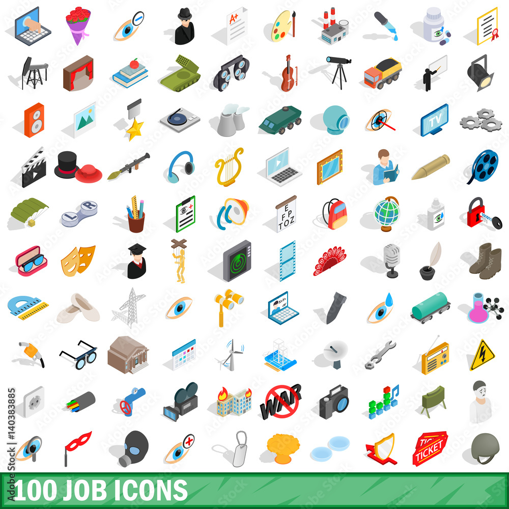 100 job icons set, isometric 3d style