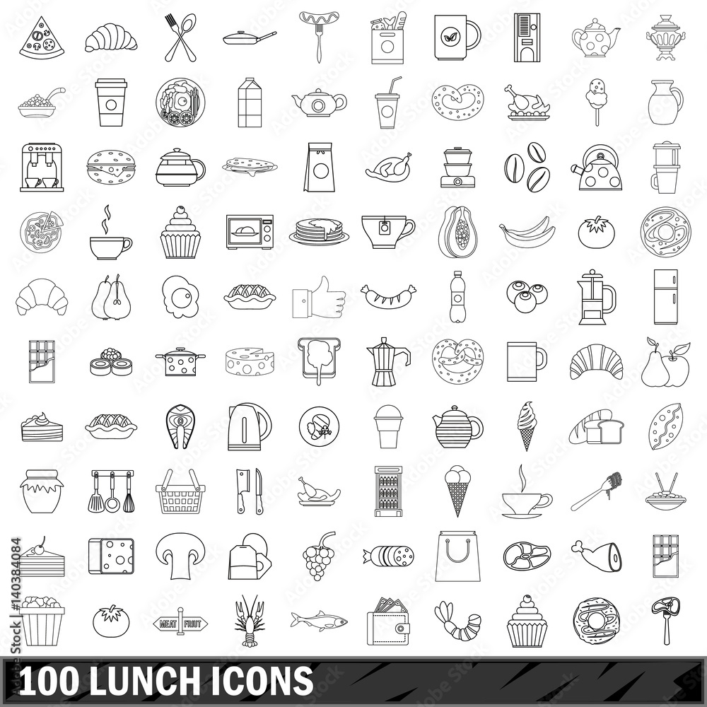100 lunch icons set, outline style