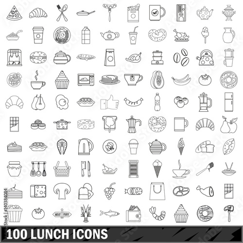 100 lunch icons set  outline style