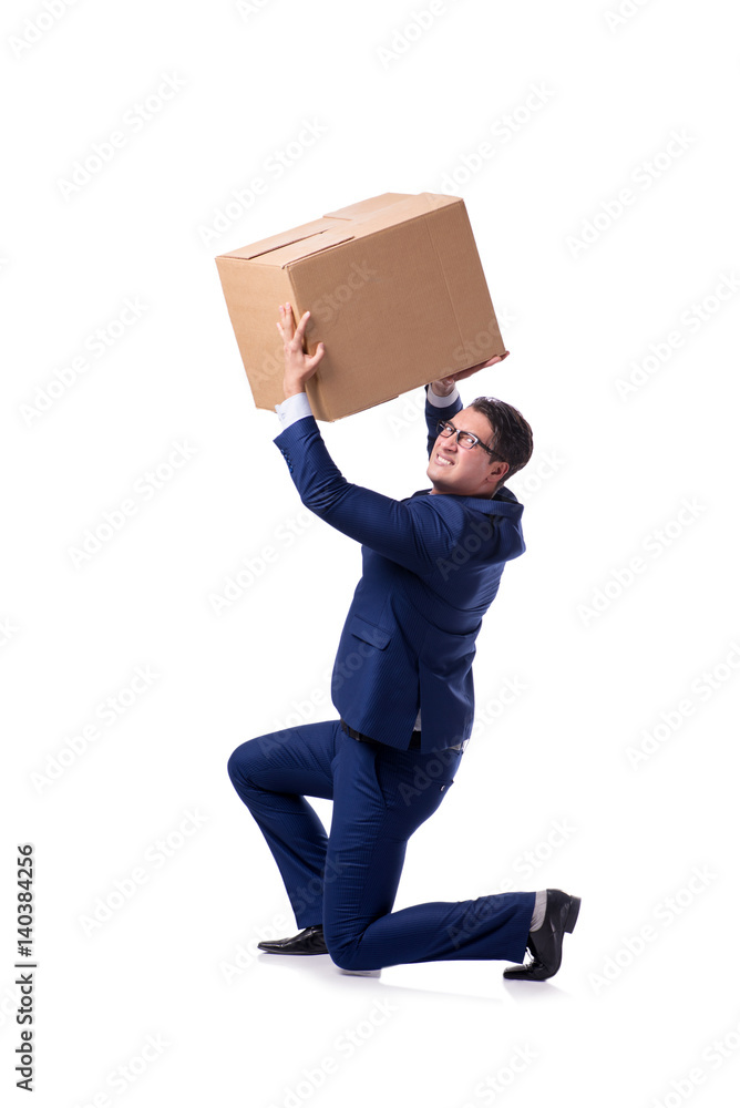 Businessman lifting box isolated on white Businessman lifting box isolated on white