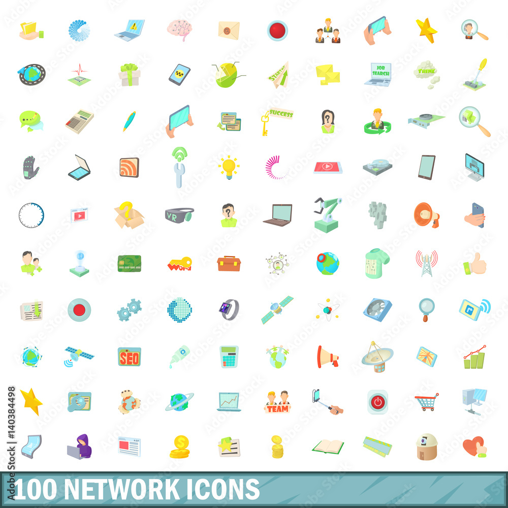 100 network icons set, cartoon style 100 network icons set, cartoon style