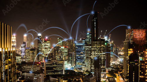 Photography Connected city concept: A wireless business network connecting offices in the bu